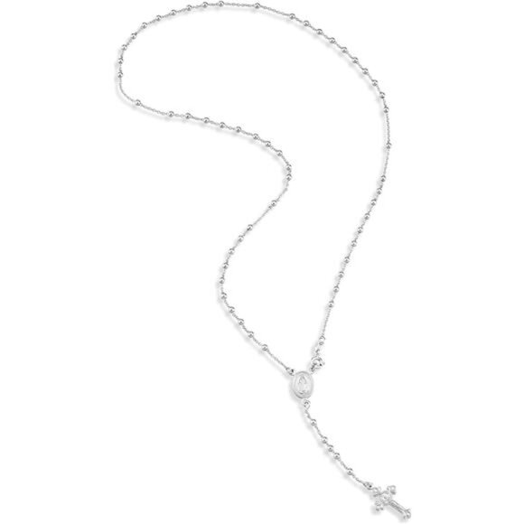 925 Sterling Silver Italian Rosary Bead Cross Y Necklace Chain for Women - Picture 3 of 4